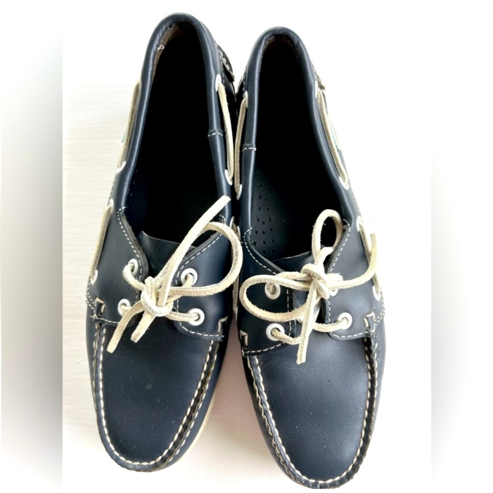 Sebago boat shoes navy blue white Portland Docksides Nautical LEATHER Authentic
